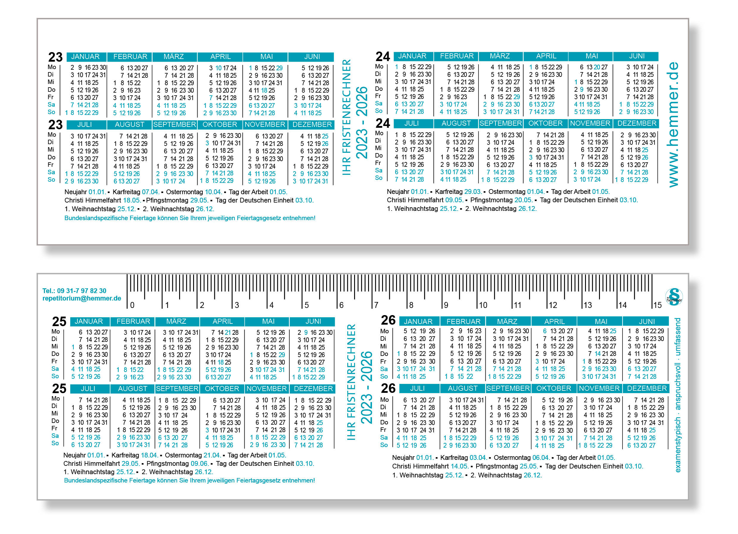 Lineal/Fristenrechner 2026 - 2023 - 4er Pack